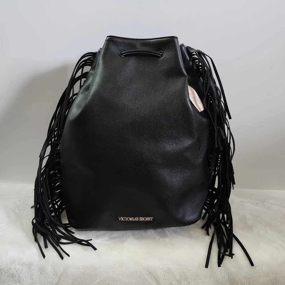 Victoria's Secret VS Black Faux Leather Western Boho Fringe Backpack NWT - Picture 4 of 16
